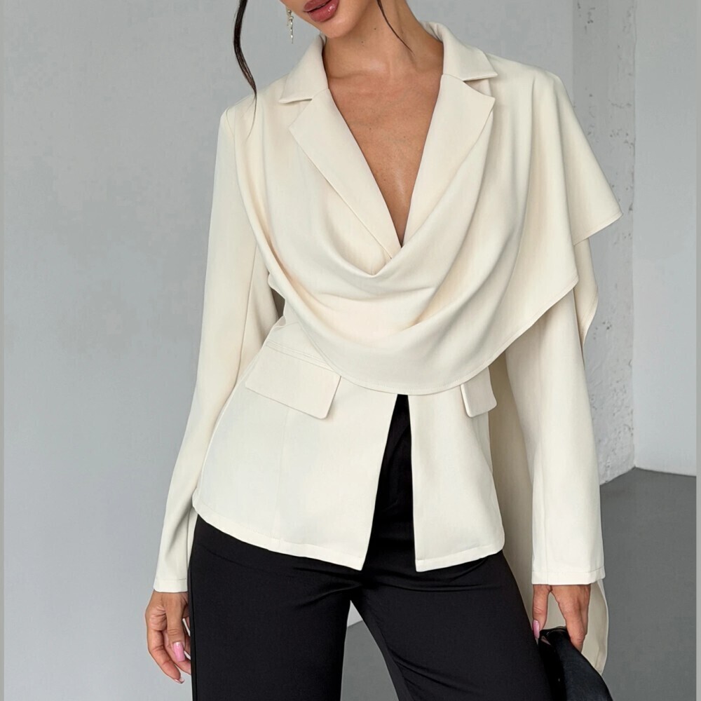Cream Draped Asymmetric Cowl Collar Notch Lapel Open Front Blazer